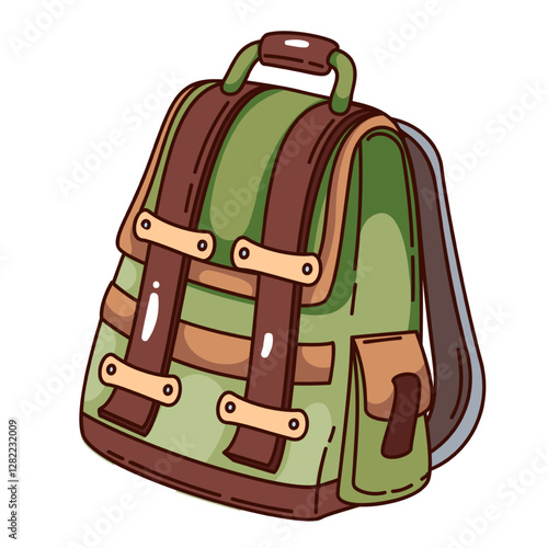 Cartoon backpack of tourist. Funny retro rucksack for hiking adventure. Trekking equipment, camping mascot, cartoon green backpack with straps sticker of 70s 80s style vector illustration
