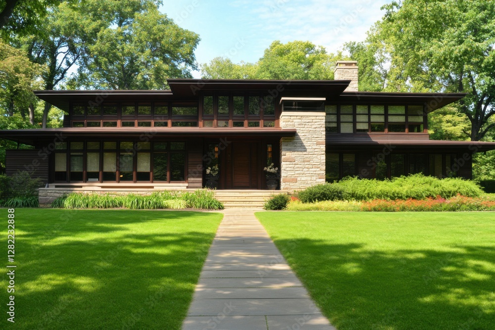 Well-designed modernist house surrounded by lush greenery, located in a serene neighborhood during daytime with clear skies showcasing architectural details Well-designed modernist house surrounded by lush greenery, located in a serene neighborhood during daytime with clear skies showcasing architectural details