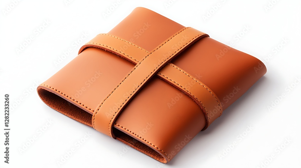 Leather Brown Square Wallet with Intersecting Straps for Secure Closure on White Background Leather Brown Square Wallet with Intersecting Straps for Secure Closure on White Background