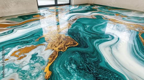 custom epoxy floor featuring vivid abstract patterns, a mix of turquoise, white, and gold, tailored for unique interior designs