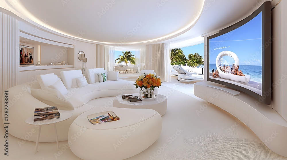 Fototapeta premium Luxurious Coastal Residence with Ocean View Displayed on Large Screen Television in Spacious Living Room