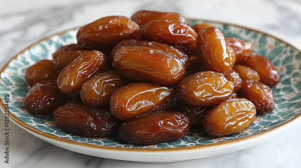 Fresh dates piled on decorative plate on marble surface Fresh dates piled on decorative plate on marble surface