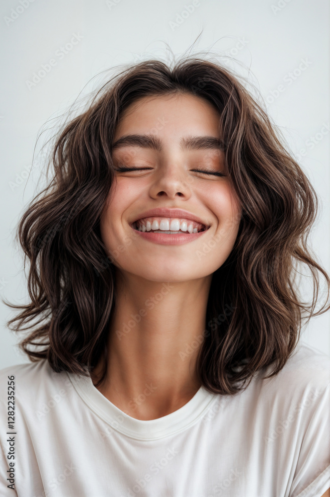 Radiant Joy: Young Woman Smiling with Eyes Closed Radiant Joy: Young Woman Smiling with Eyes Closed