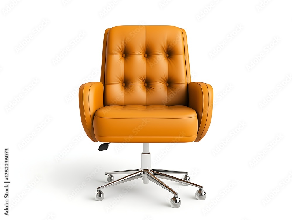 Fototapeta premium Modern Orange Swivel Chair with Tufted Back Resting on White Surface Office Furniture Aesthetic Appeal