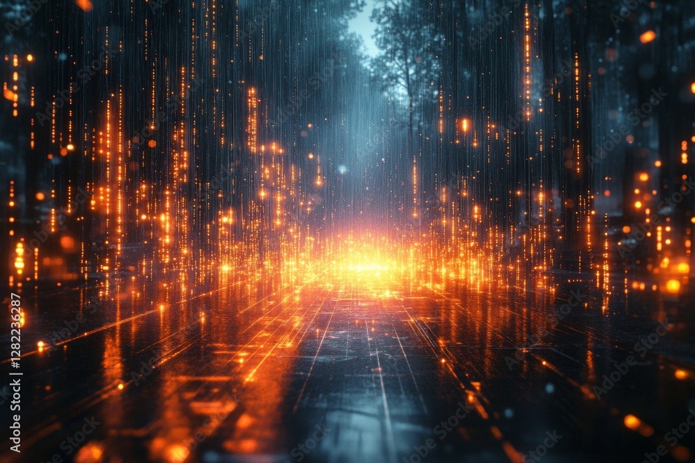 Naklejka premium Glowing data streams illuminate a forest path in a futuristic digital landscape at twilight