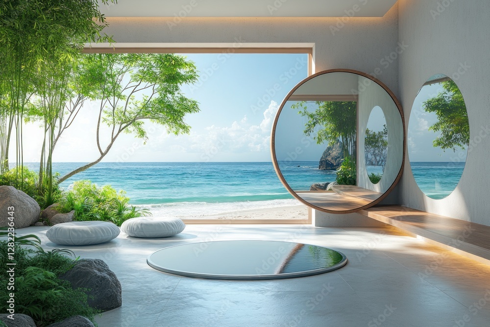 Fototapeta premium Modern Minimal Interior with Circular Mirror and Ocean View
