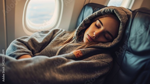 Tired woman in casual clothes napping on an airplane, with her hoodie pulled over her head and arms crossed for comfort.