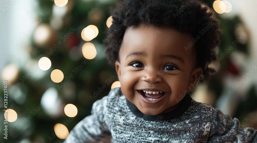 A cheerful toddler with a bright smile, wearing a sweater, with Christmas decorations and festive lights in the background. A cheerful toddler with a bright smile, wearing a sweater, with Christmas decorations and festive lights in the background.