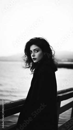 Moody Portrait of Woman by the Water in Black and White
