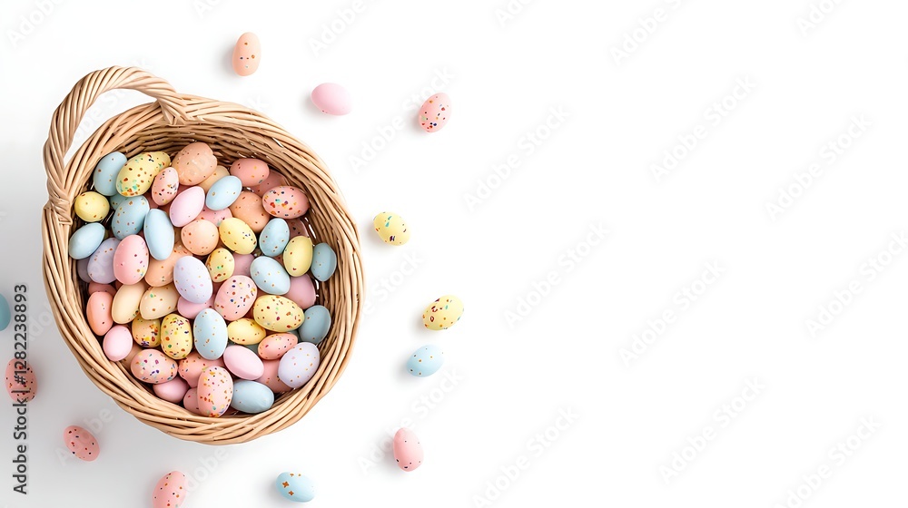Pastel Colored Candy Eggs in Wicker Basket Scattered on White Table Top Easter Celebration Delight Pastel Colored Candy Eggs in Wicker Basket Scattered on White Table Top Easter Celebration Delight