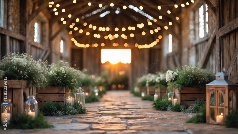 Fototapeta premium Beautifully decorated barn interior with flowers and lights during sunset for a romantic event