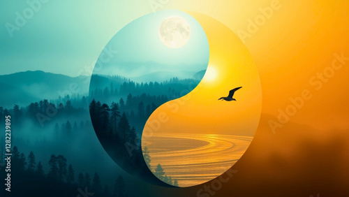 Yin-Yang symbol where the Yin (dark side) represents serene nature, The Yang (light side) is warm and bright, with golden hues representing energy