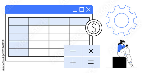 Financial spreadsheet with calculator and dollar sign. Woman seated on block reading tablet. Ideal for finance, budgeting, accounting, business planning, data analysis, office work, personal finance