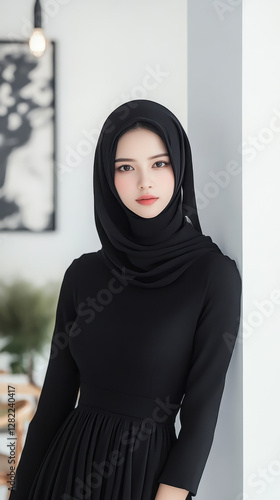 Elegant Woman in Black Dress and Headscarf in Modern Interior Space