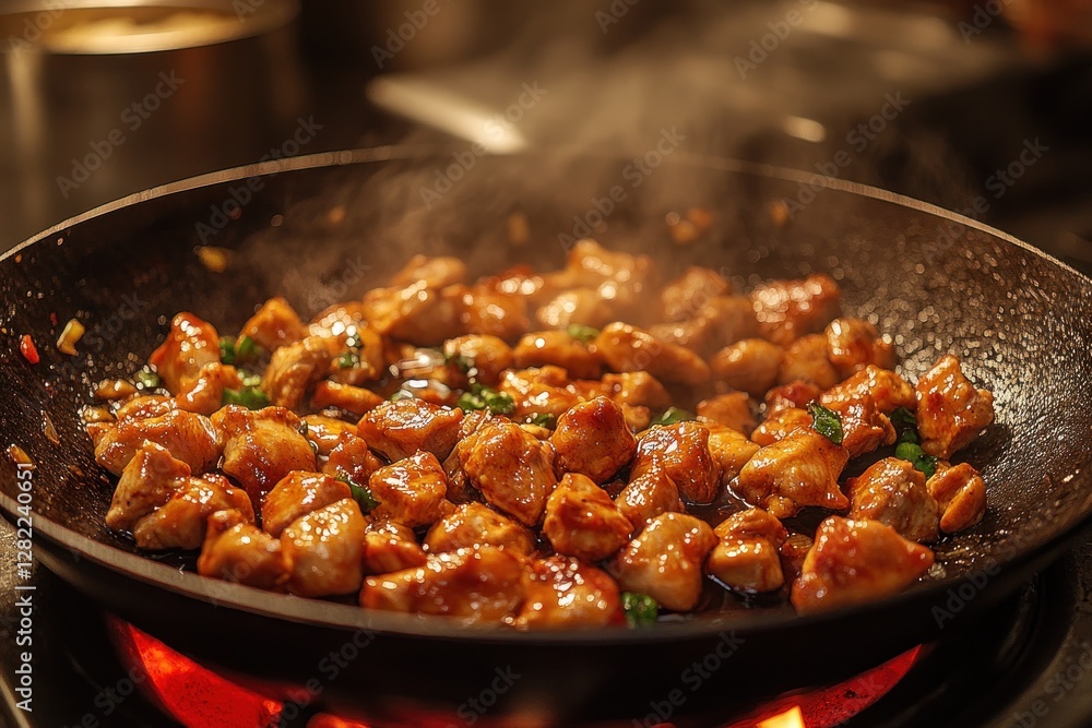Chicken Pieces Simmering in a Traditional Wok with Golden Soup Chicken Pieces Simmering in a Traditional Wok with Golden Soup