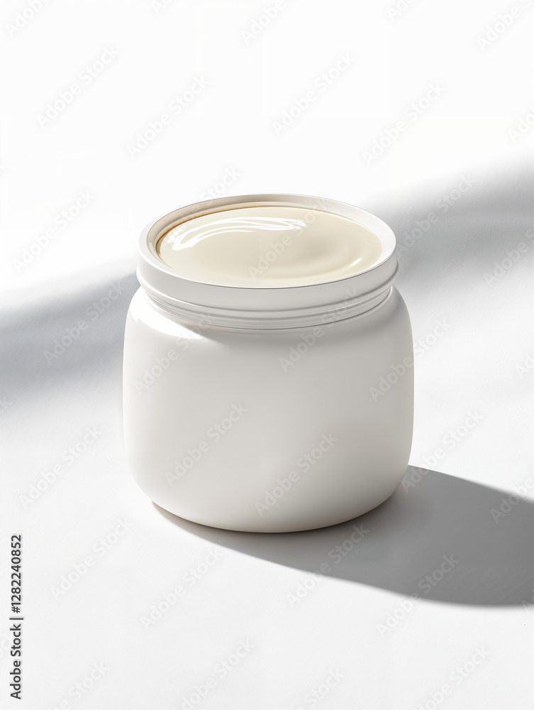 Creamy skincare product in a round container on a smooth surface under bright sunlight Creamy skincare product in a round container on a smooth surface under bright sunlight