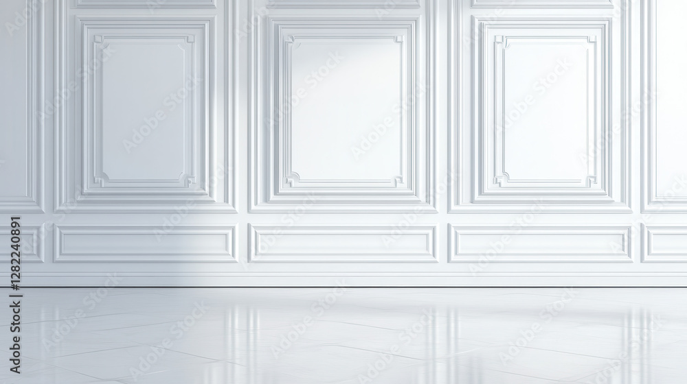 Elegant White Interior with Detailed Wall Panels and Glossy Floor Elegant White Interior with Detailed Wall Panels and Glossy Floor