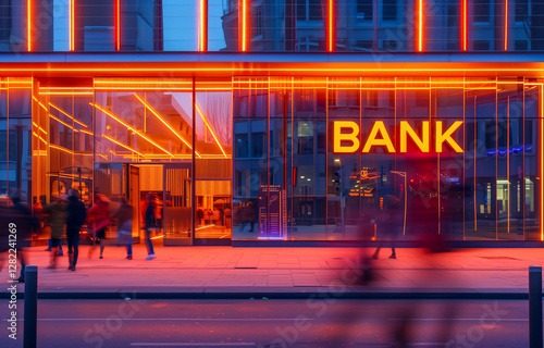 Wallpaper Mural Modern bank building illuminated with vibrant neon lights at dusk Torontodigital.ca