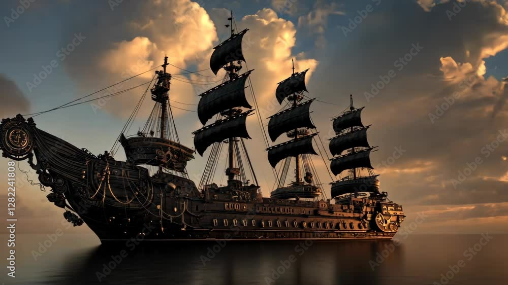 Majestic pirate ship sailing under a dramatic sunset sky with billowing clouds on calm waters