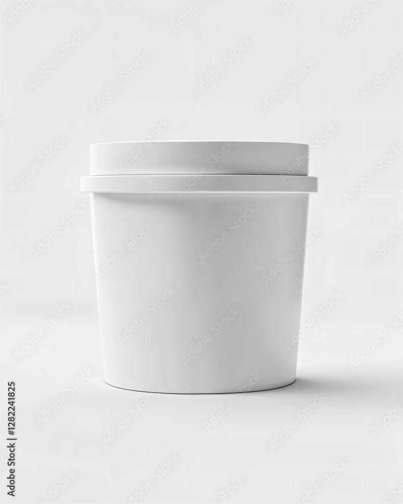 White container with a lid for food or storage placed against a neutral background showcasing its simple design White container with a lid for food or storage placed against a neutral background showcasing its simple design