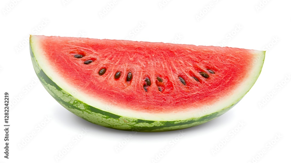 Refreshing Watermelon Slice Showing Juicy Red Flesh and Black Seeds on White Backdrop Still Life Refreshing Watermelon Slice Showing Juicy Red Flesh and Black Seeds on White Backdrop Still Life