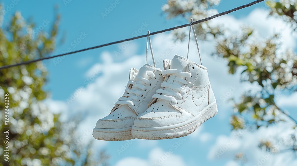 White sneakers drying on clothesline, spring blossoms