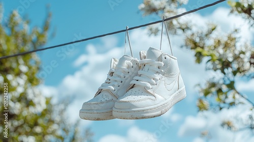 Obraz na płótnie White sneakers drying on clothesline, spring blossoms w salonie