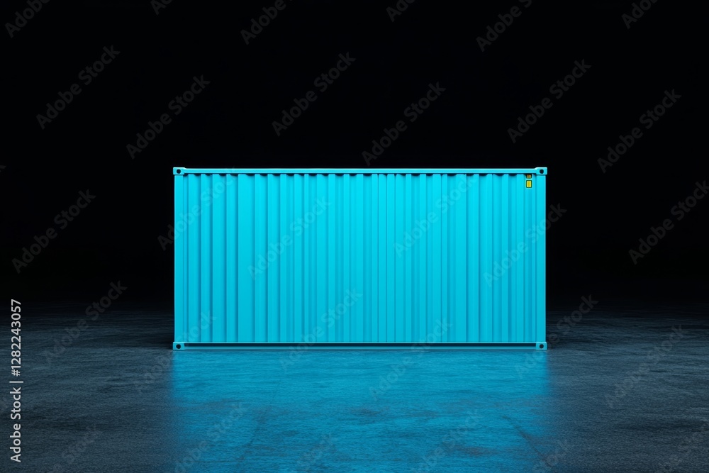 Blue shipping container is sitting in a dark room Blue shipping container is sitting in a dark room
