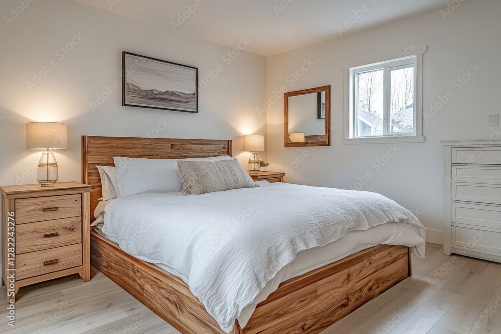 Fototapeta premium Bright, airy bedroom with wooden platform bed, white linens, and natural light.