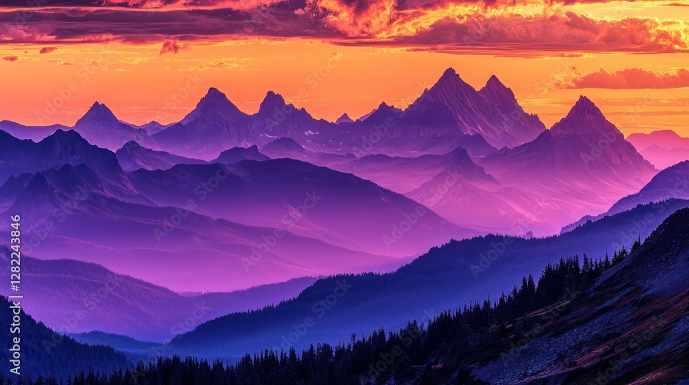 Obraz premium Sunset over layered purple mountains, coniferous forest foreground, nature landscape, travel poster