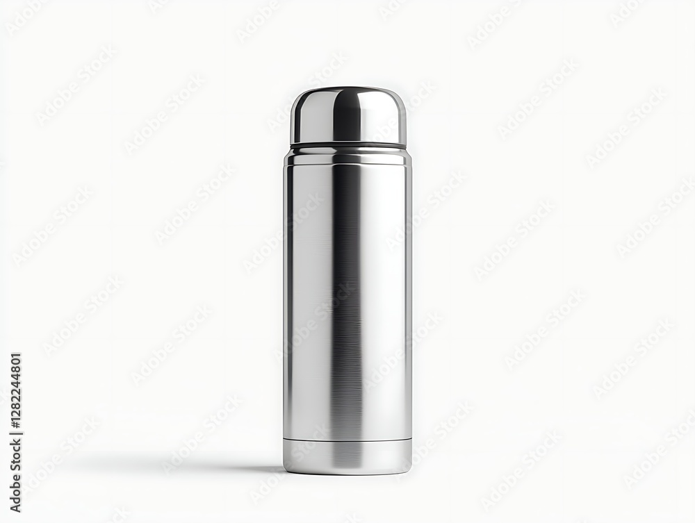 Shiny Silver Thermos Bottle Isolated on a White Background Beverage Container Still Life Study Shiny Silver Thermos Bottle Isolated on a White Background Beverage Container Still Life Study