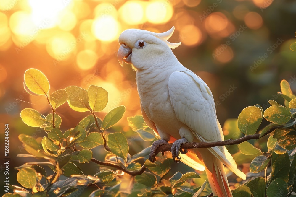 White Cockatoo perched on branch in vibrant green foliage with yellow beak looking at the camera White Cockatoo perched on branch in vibrant green foliage with yellow beak looking at the camera