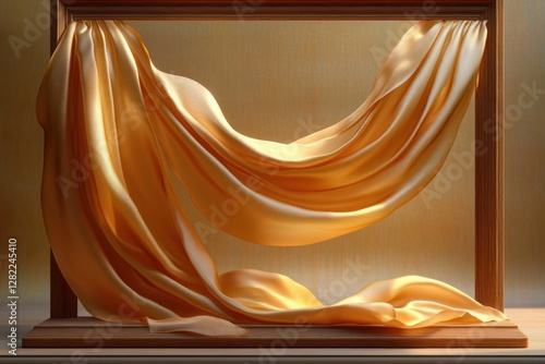 Elegant Wooden Frame with Flowing Silk Drapes and Soft Lighting for Modern Still Life Presentation