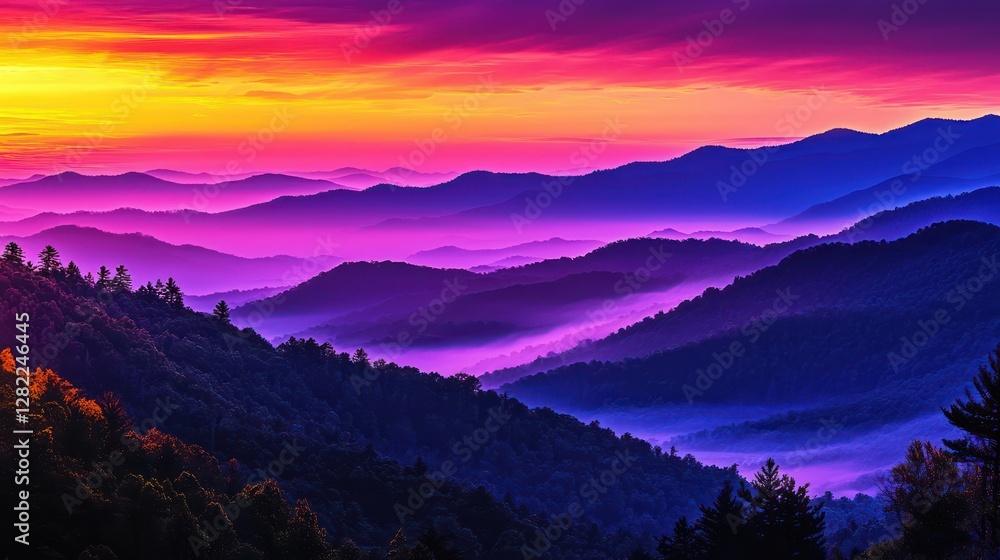 Fototapeta premium Vibrant sunrise over misty mountain range