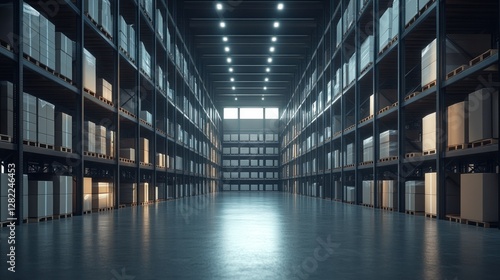 Wallpaper Mural Illuminated warehouse interior with goods on shelves, storage, logistics Torontodigital.ca