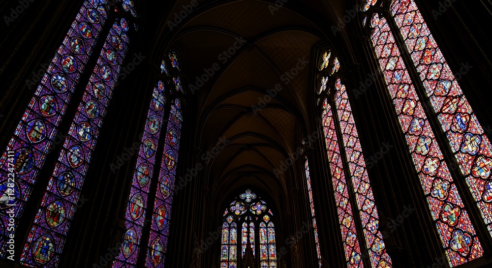 Stained Glass Windows in a Church Interior Architecture View Stained Glass Windows in a Church Interior Architecture View