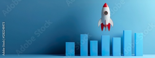 3D Rocket and Bar Graph Showing Business Growth Success Concept