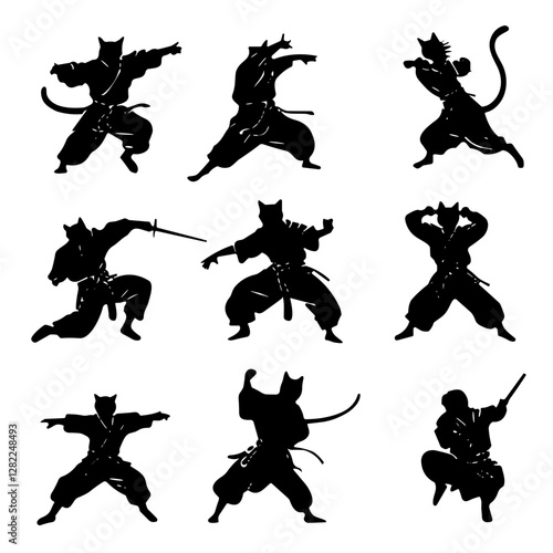 Set of icons featuring cats practicing martial arts in dynamic poses, playful concept