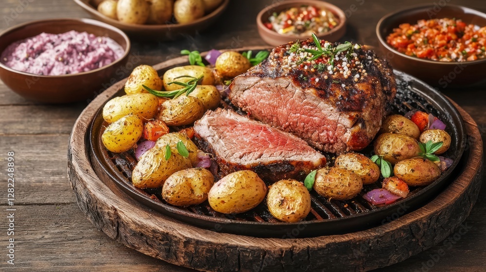 Plate of meat and potatoes on a wooden table with a beautifully arranged dinner setting Plate of meat and potatoes on a wooden table with a beautifully arranged dinner setting