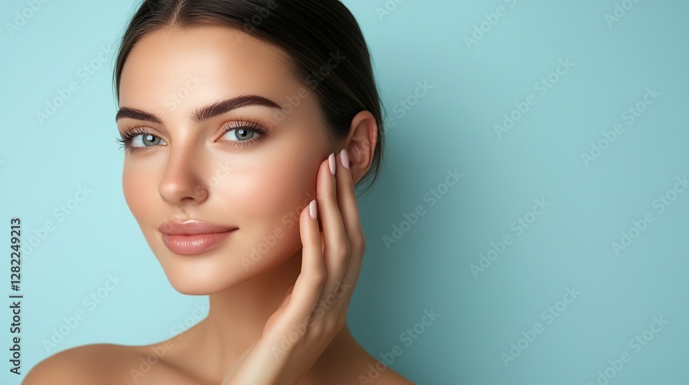 Smiling Woman with Flawless Skin Touching Face Radiant Beauty Blue Background Smiling Woman with Flawless Skin Touching Face Radiant Beauty Blue Background
