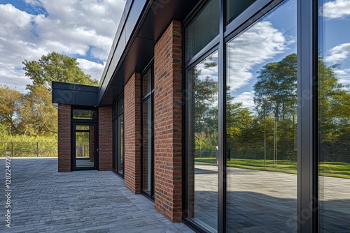 Wallpaper Mural Modern architectural design features large glass windows and red brick walls in a serene outdoor setting during daylight hours Torontodigital.ca