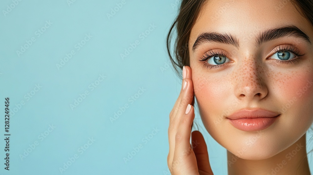 Smiling Woman Touching Face Clear Skin Beauty Care Blue Background Smiling Woman Touching Face Clear Skin Beauty Care Blue Background