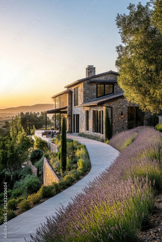 Obraz premium Elegant stone house with a landscaped pathway in a serene sunset view over rolling hills and lavender fields in a tranquil countryside setting