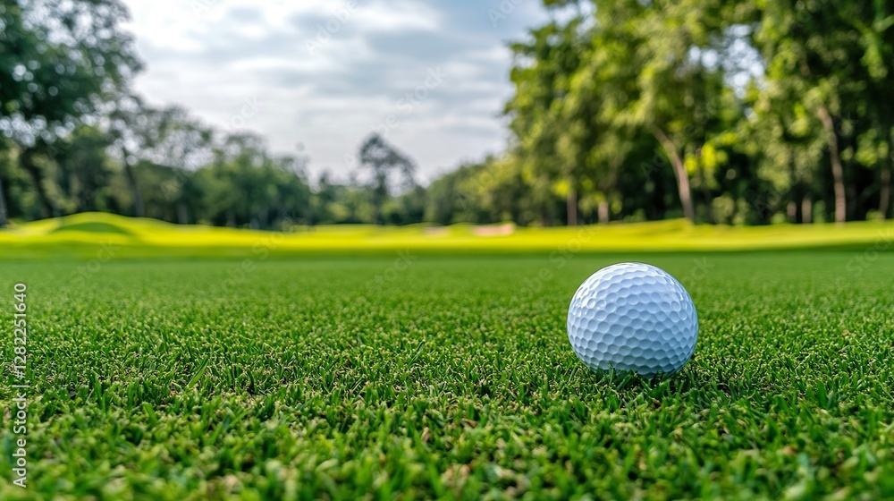Golf Ball Resting on Green Grass Scenic Fairway with Sunny Skies Golf Ball Resting on Green Grass Scenic Fairway with Sunny Skies