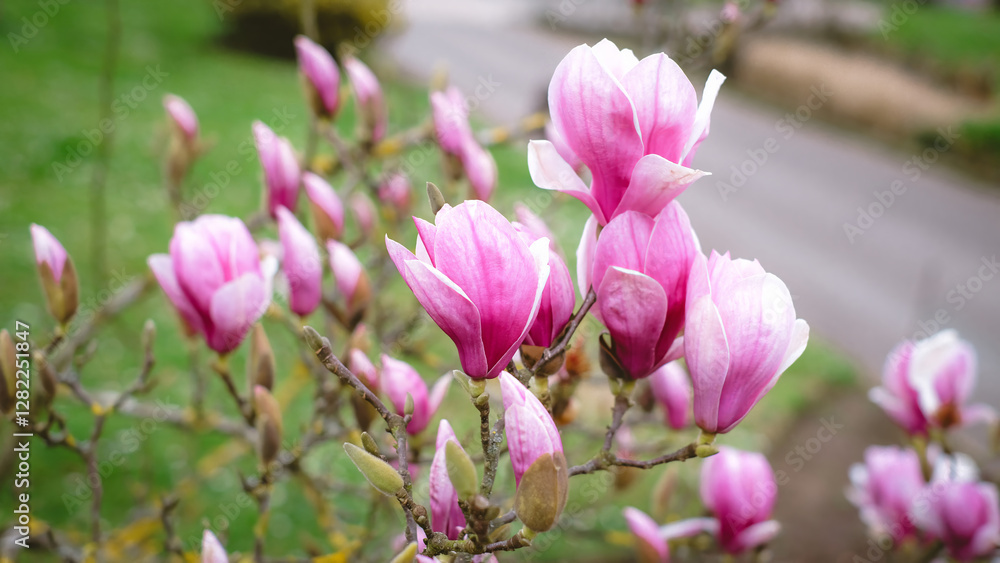 A bunch of pink magnolia flowers are blooming on a tree. A bunch of pink magnolia flowers are blooming on a tree.
