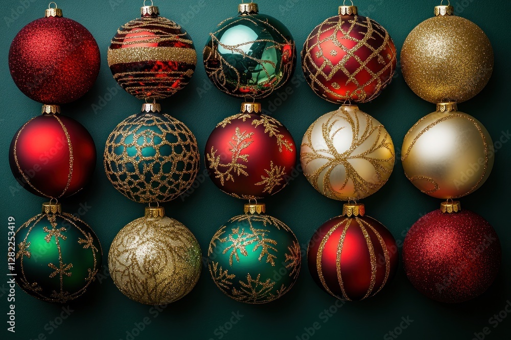 Vibrant Christmas Ornaments in Red Green and Gold on Festive Green Background for Holiday Decor and Celebration Vibrant Christmas Ornaments in Red Green and Gold on Festive Green Background for Holiday Decor and Celebration