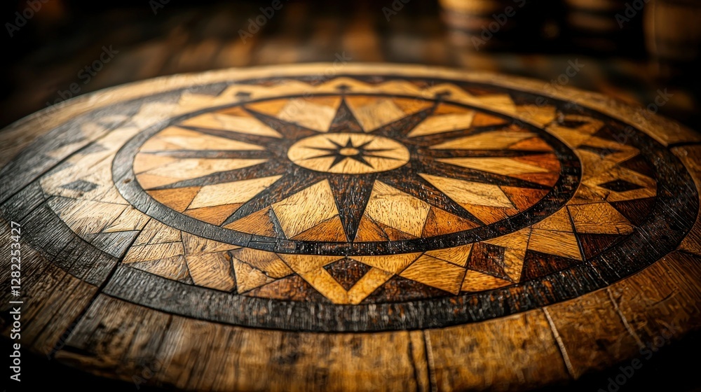 Inlaid wooden table top with star design in warm light Inlaid wooden table top with star design in warm light