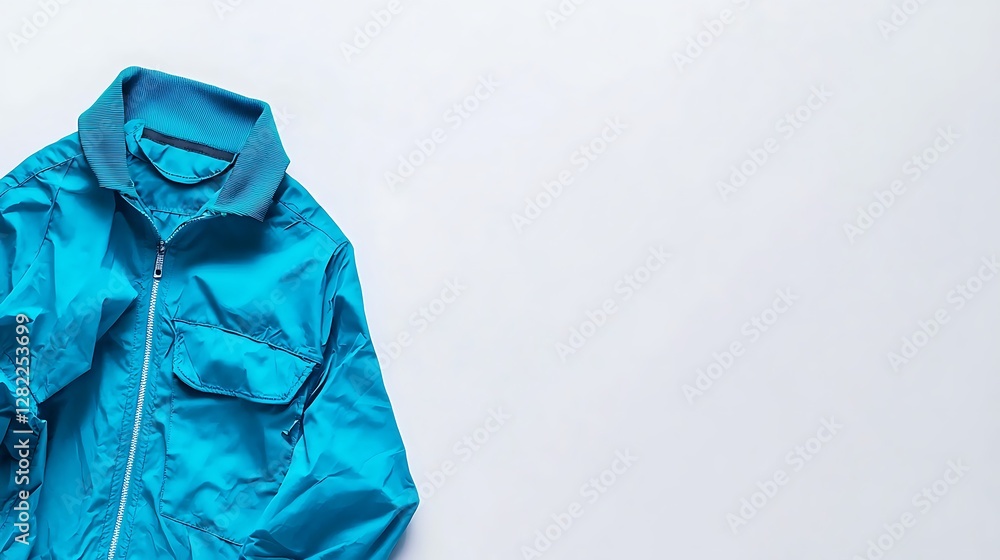 Turquoise Windbreaker Jacket on a Plain Backdrop Simple Flat Lay Minimalist Design Casual Style Turquoise Windbreaker Jacket on a Plain Backdrop Simple Flat Lay Minimalist Design Casual Style