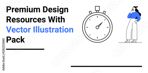 Stopwatch icon beside a standing woman in casual attire contemplating ideas. Ideal for planning, productivity, time management, brainstorming, organization, deadlines, flat landing page banner