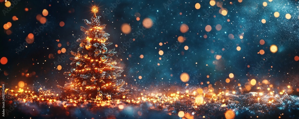 Fototapeta premium Christmas tree standing in falling snow with twinkling lights